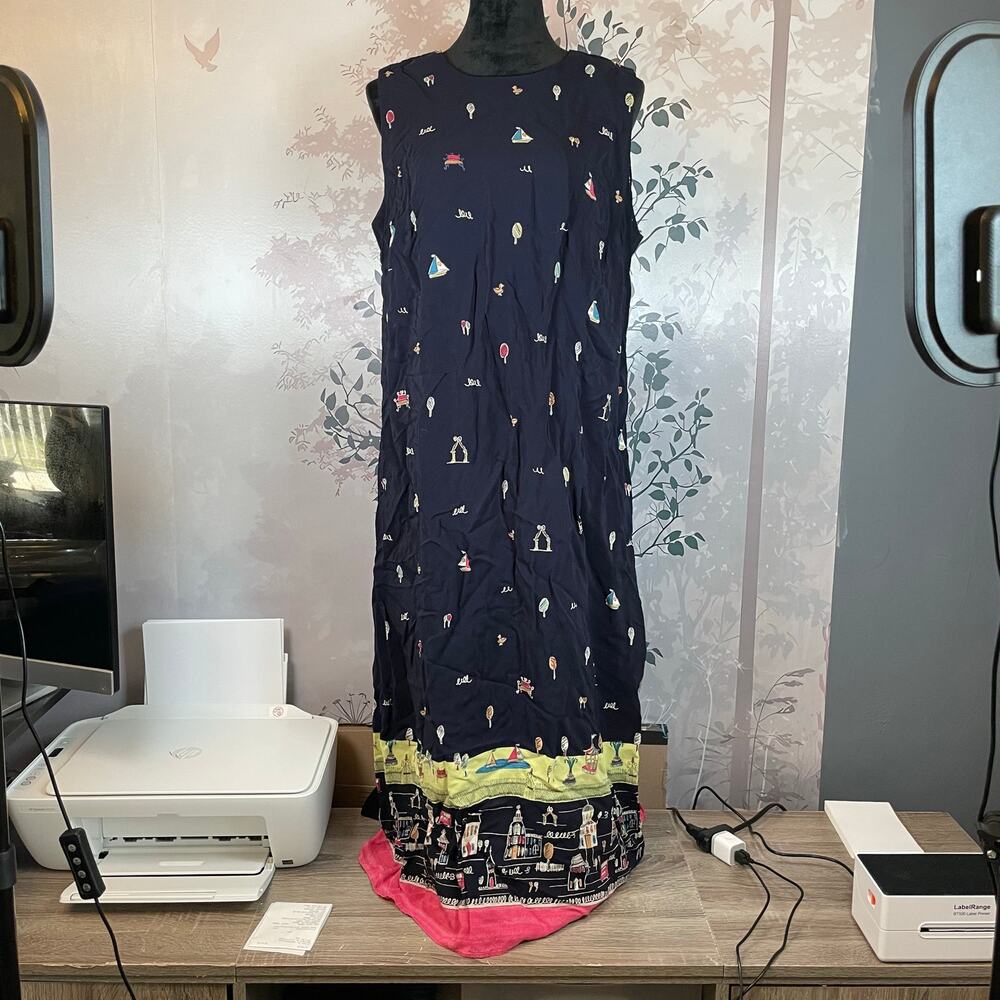 Positive Attitude Vintage Maxi Dress Navy City Scenic Print Womens Sleeveless XL